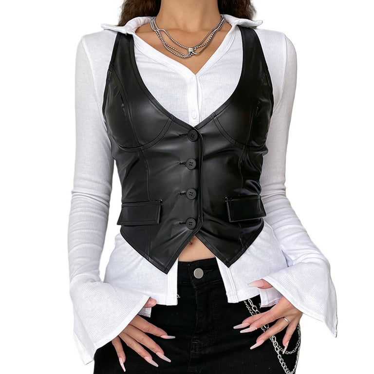 KOMOO Women Leather Corset Halter Neck Button Down Waistcoat Vest