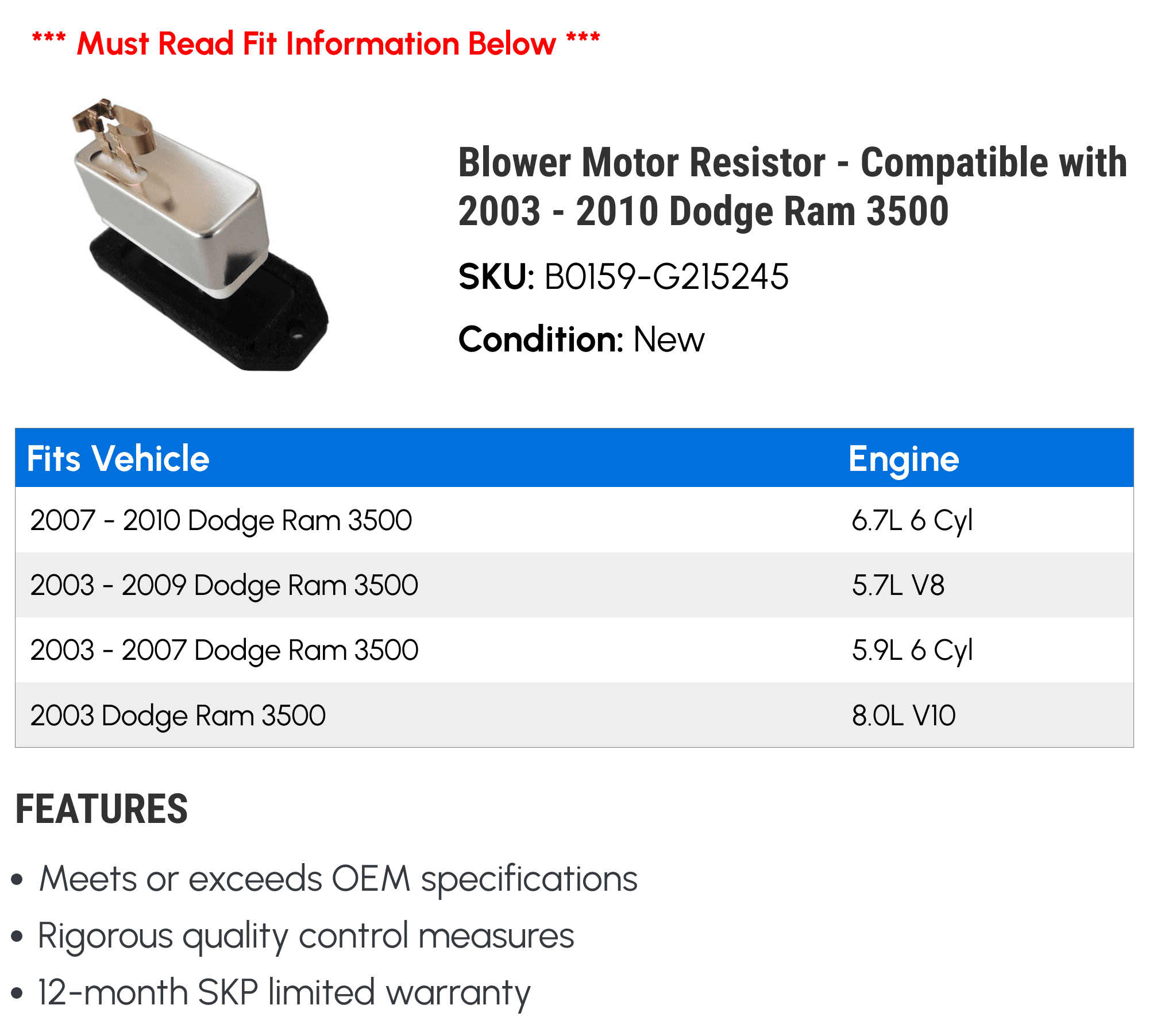 Blower Motor Resistor - Compatible with 2003 - 2010 Dodge Ram 3500 2004 2005 2006 2007 2008 2009
