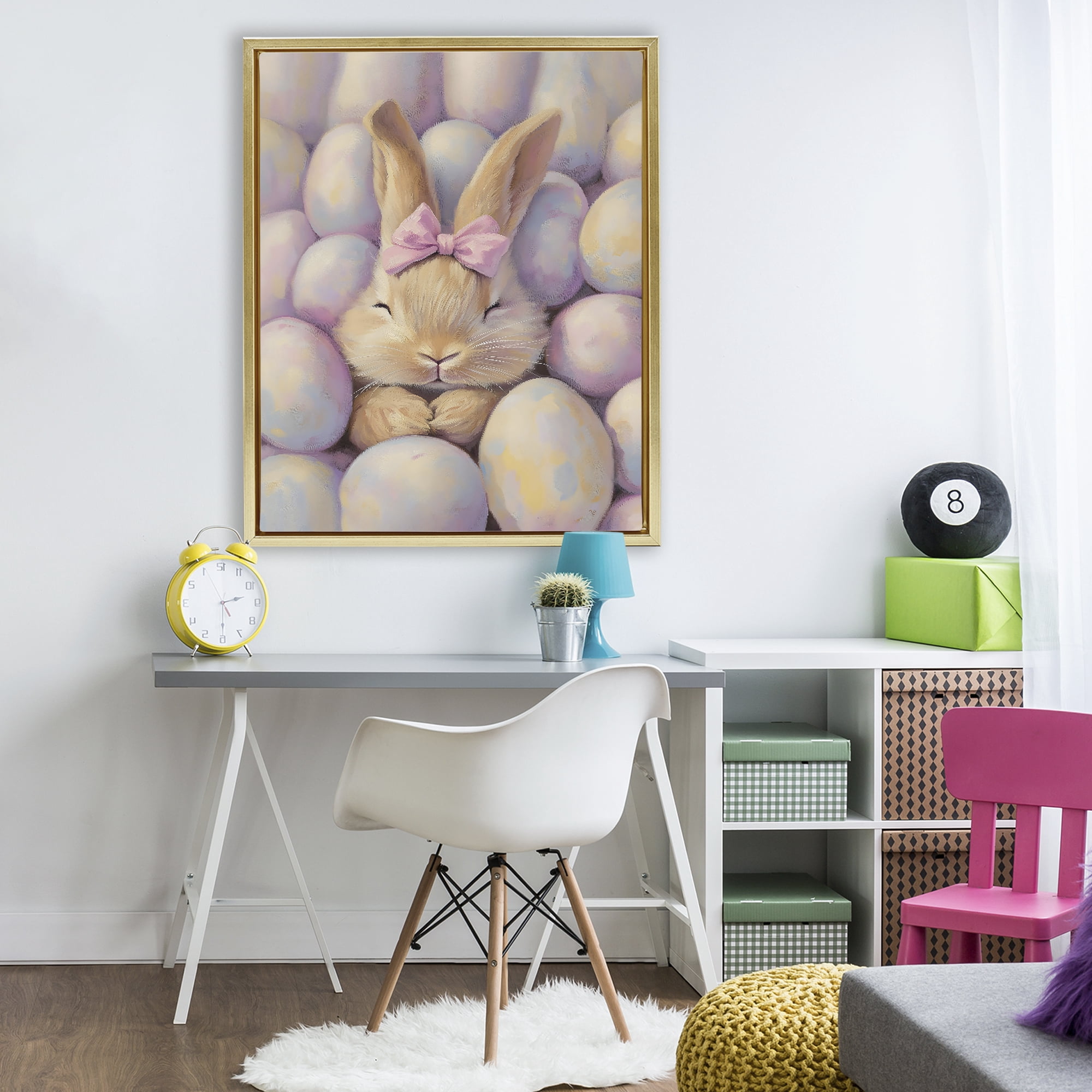Stupell Industries Easter Bunny Nestled in Eggs Gold Framed Floater Canvas Wall Art, design by The Prints Vibe