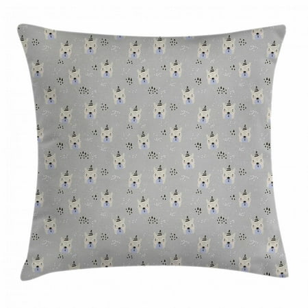 Hipster Throw Pillow Cushion Cover, Cute Bear Faces with Glasses and Doodle Triangles Dots Nursery Pattern, Decorative Square Accent Pillow Case, 18 X 18 Inches, Pale Grey Black Beige, by Ambesonne