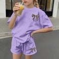 thumbnail image 4 of Girls Purple Leopard Print Bow 2 Piece Outfits Matching Set Short Sleeve T-Shirt and Shorts Casual Summer Clothes,Size 14-15T, 4 of 6