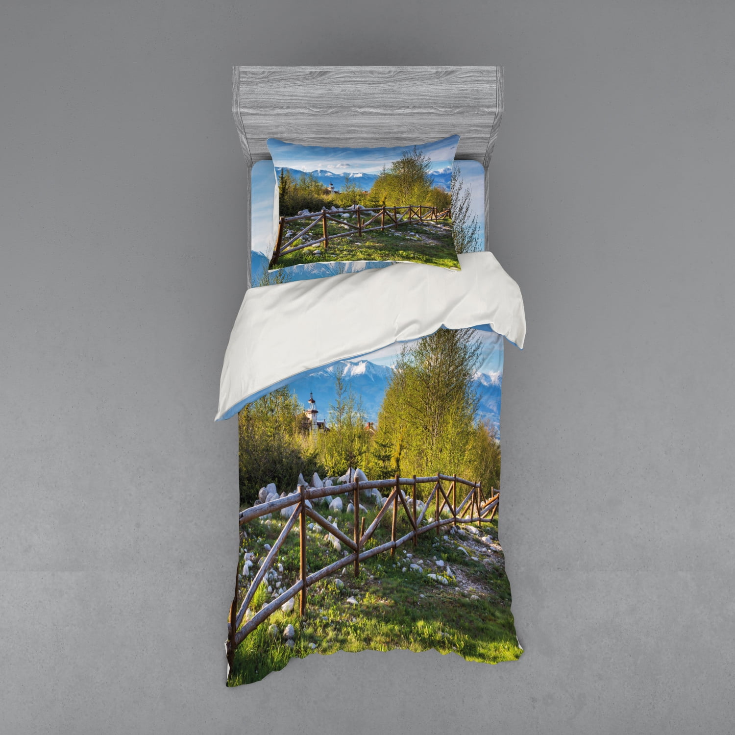 Twin XL Green Blue Landscape Mountain Duvet Cover Set