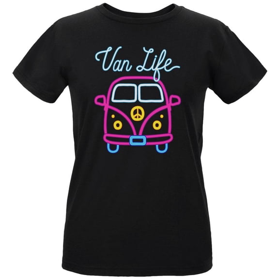 Retro Neon Sign Van Life Bus Womens T Shirt Black SM