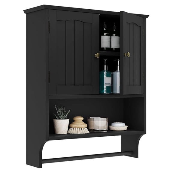 Black Bathroom Cabinet Wall Mounted with Towels Bar, Medicine Cabinet with 2 Door Adjustable Shelves, Over Toilet Cabinet for Bathroom Laundry Room Kitchen