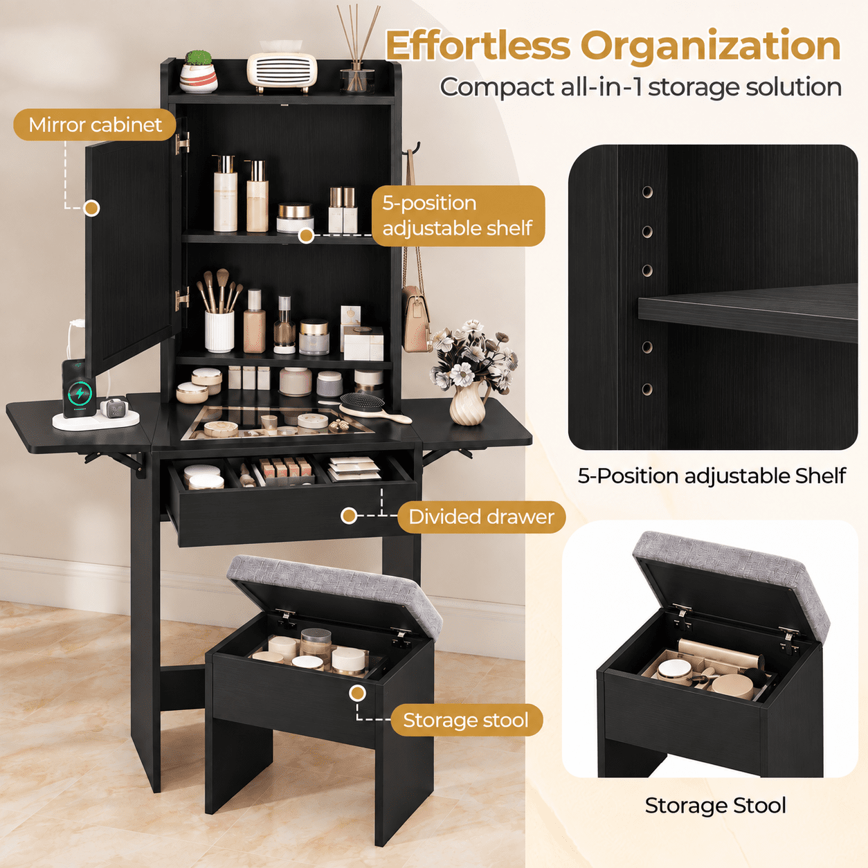 Furnibear Space-Saving Vanity Desk with Mirror and Lights, Foldable Makeup Vanity Table and Storage Stool with Charging Station for Bedroom, Black