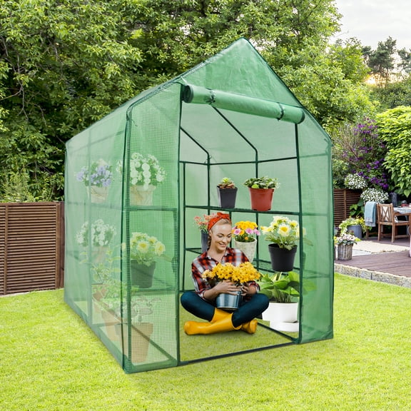SLSRFD Walk-in Greenhouse with 8 Shelves, Portable Outdoor Plant House for Garden, Flowers, Seedlings, Vegetables – PE Cover, Zippered Door, Insulated Greenhouse Tent