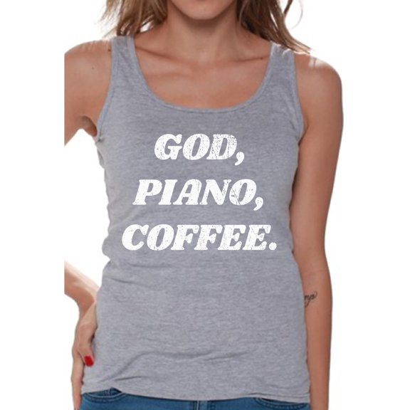 Awkward Styles God Piano Coffee Tank Top for Women Christian Clothes for Ladies Religious Womens T-Shirt Christian Gifts God Tank Top Piano Clothing Jesus T Shirt God Piano Coffee Ladies Shirt