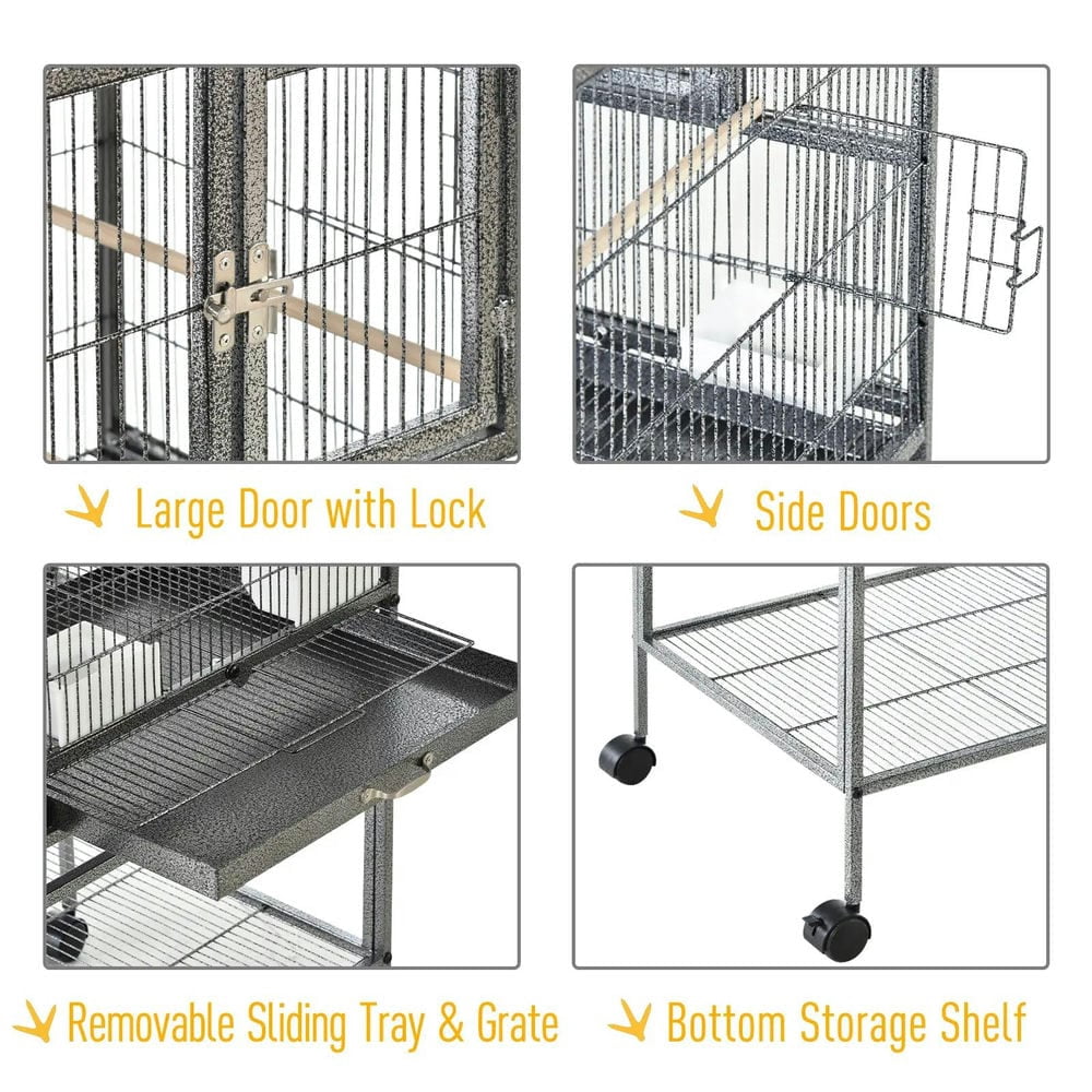 Spaco Divided Breeder Bird Cage with Rolling Stand Removable Metal Tray, Bird Cage with Storage Shelf and Wood Perch, Food Container, Black