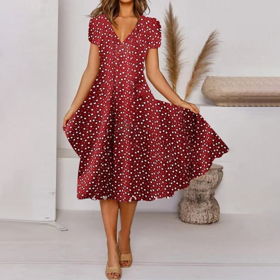 WNEGSTG Dresses for Women 2023 Floral Dress Midi Length Formal Round Neck Short Sleeve Empire Waist Aline Elegant Party Wedding Guest Cocktail