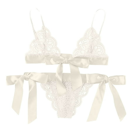 

Womens Sexy Lingerie Set 2 Piece Floral Lace Scalloped Trim Bra and Self Tie Panty Sets Bralette Babydoll Outfits