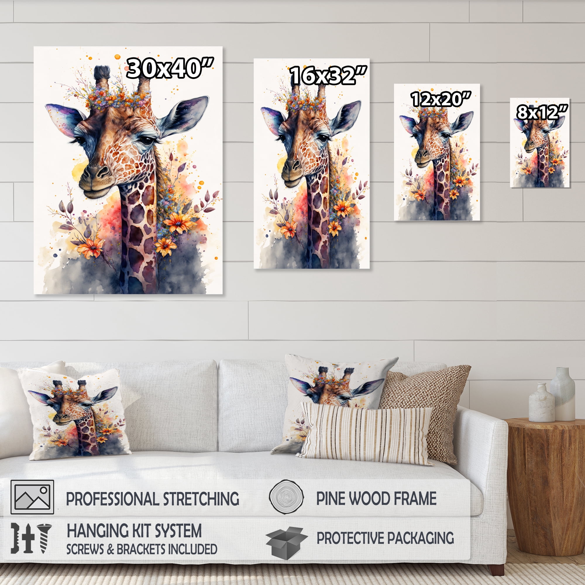 Designart Cute Giraffe Floral Art I Canvas Wall Art
