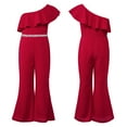 thumbnail image 4 of iiniim Girl's Sparkly Party Romper Dress One Shoulder Casual Flare Pants High Waisted Ruffles Jumpsuit 6-16 Burgundy 10, 4 of 7