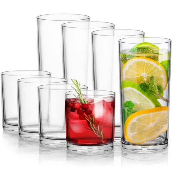 Zulay Plastic Tumblers Drinking Glasses Set of 8 Clear - 4 Each: 12oz and 16oz Acrylic Cups For Kitchen - Unbreakable, BPA Free, Dishwasher Safe Plastic Glasses Set