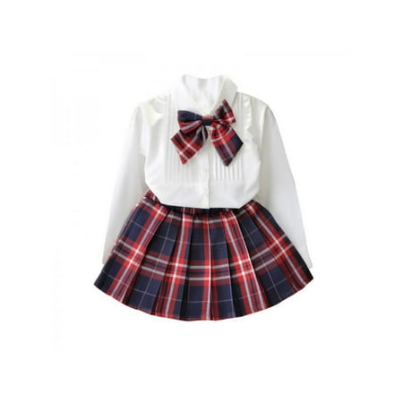 VICOODA Baby Girls Skirt Set Bowknot Shirt Long Sleeve Tops + Plaid Skirt Outfit School Uniform for 2-7 Years