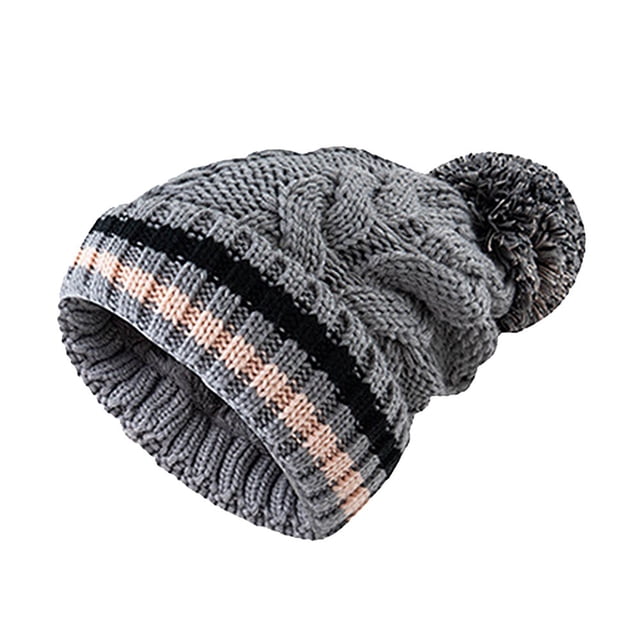 Bonnet d'Hiver pour Femmes en Laine Rayée à Pompons Torsadé Tricoté Chaud