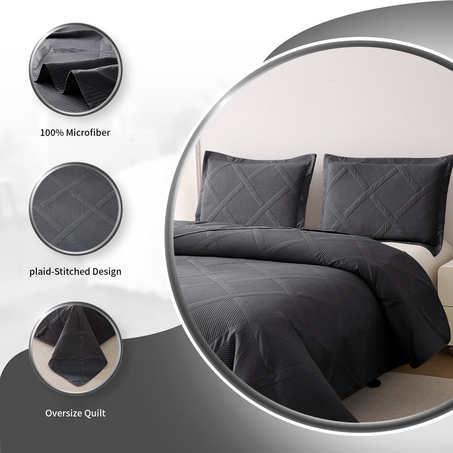 Beartech Quilt Set Twin Size Black Bedspread Coverlet Microfiber Bedding Lightweight Reversible Set