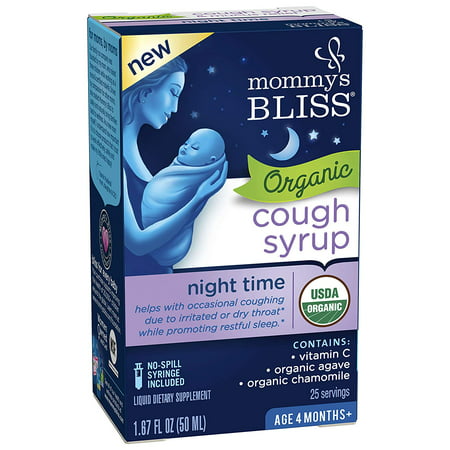 Organic Baby Cough Syrup For Night Time, Herbal Supplement Made From Organic Agave, Wild Cherry, Slippery Elm Bark, & Chamomile, 1.67 fl.oz. Mommy's Bliss - Baby Cough Syrup Night Time, 4 months &