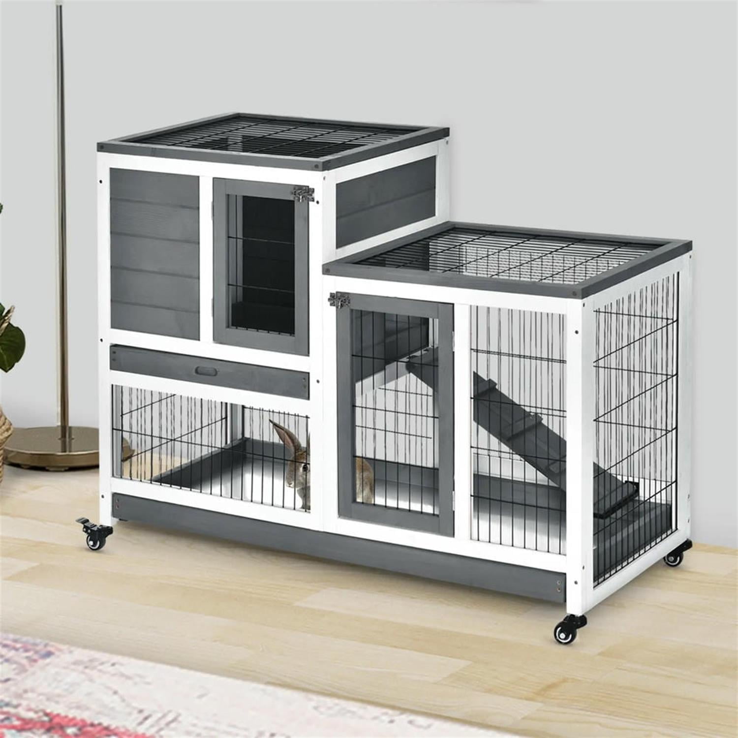 resenkos 43" 2-tier Wooden Rabbit Hutch with Wheels and Slide-out Tray, Outdoor Small Animal Habitat Chicken Coop Bunny Cage for Bunnies, Guinea Pigs, Gray