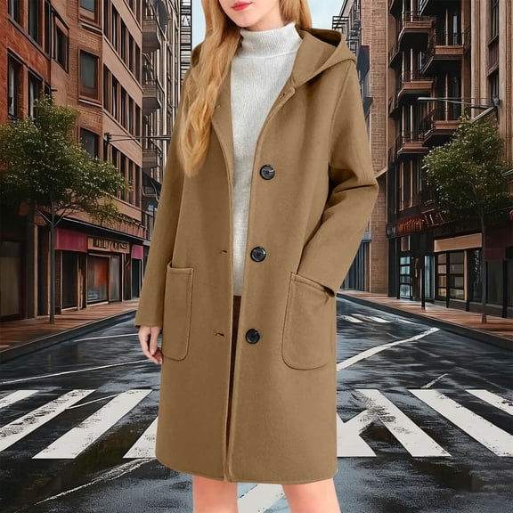 Guieoi Plus Size Jackets for Women Women Casual Warm Winter Daily Solid Color Pocket Button Long Sleeved Hooded Coat Woolen Coat Top Brown
