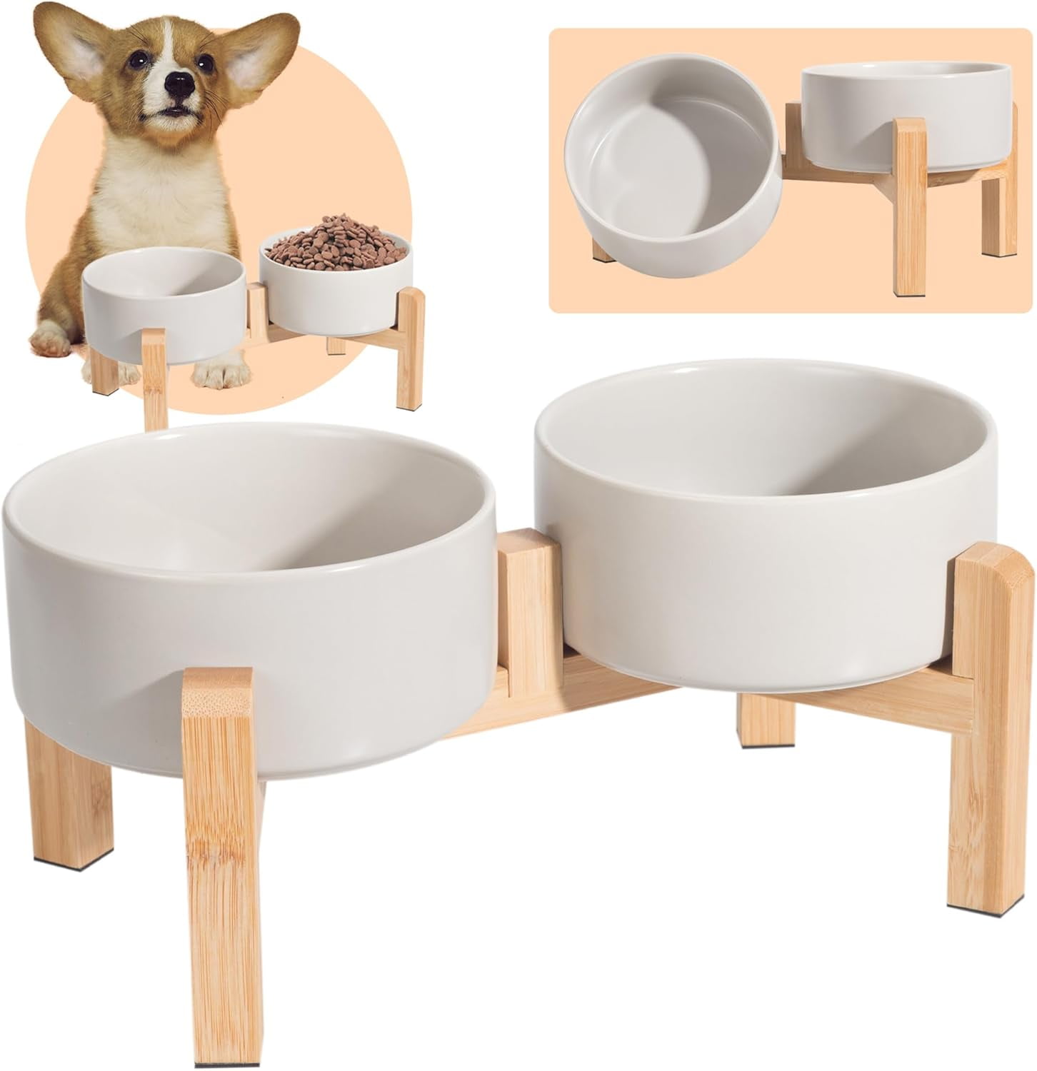 Elevated Ceramic Dog Bowl Set - Raised Dog Bowls with Non-Slip BambooStand - Dog Food and Water Bowl Set - Double Dog Feeding Bowls - Suitable for Small and Medium Dogs - 28.74 OZ - 3.6 CUPS - 850 ML