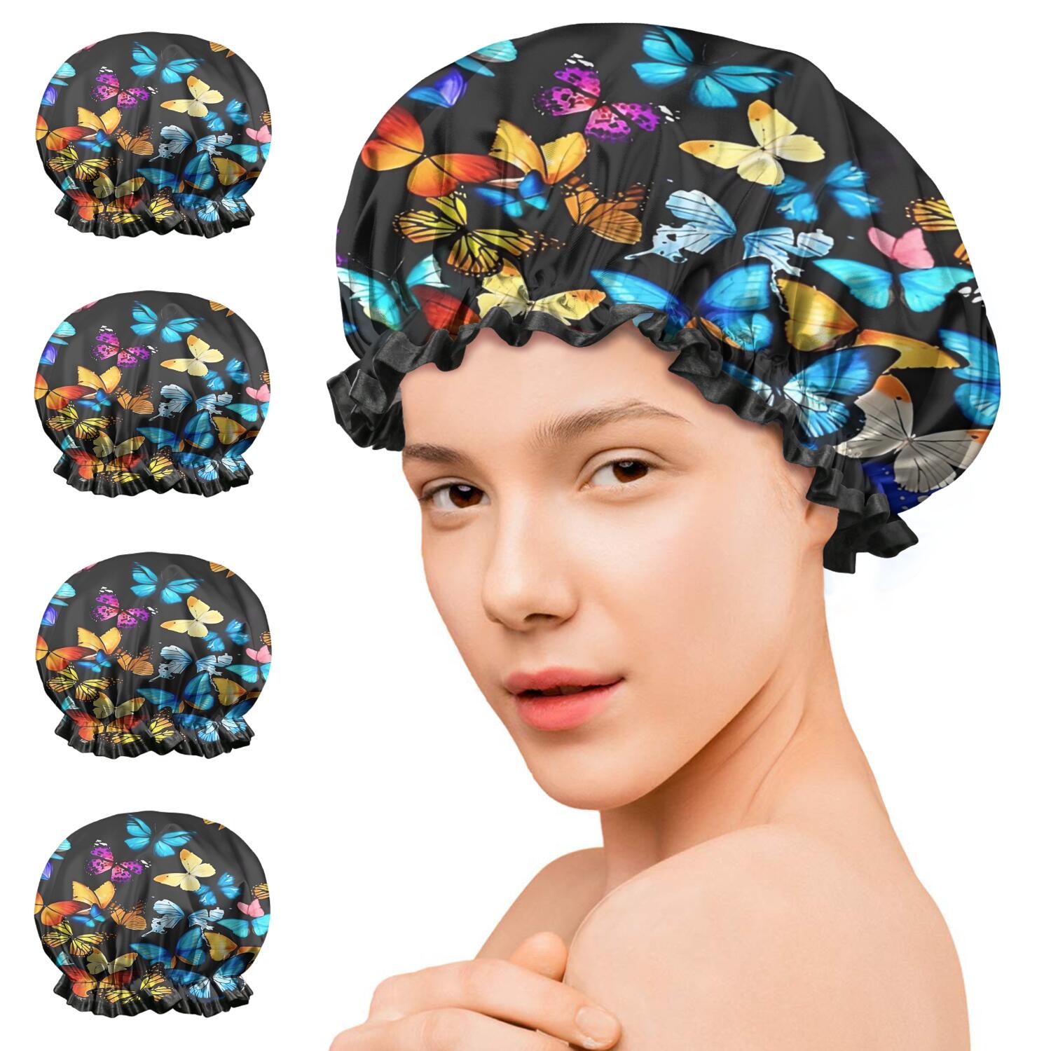 Shower Caps,Black Blue Yellow Butterfly Pattern Waterproof Shower Cap for Women 4 Pieces,Double Reusable Hair Cover for Shower PEVA Elastic Stretch Hem