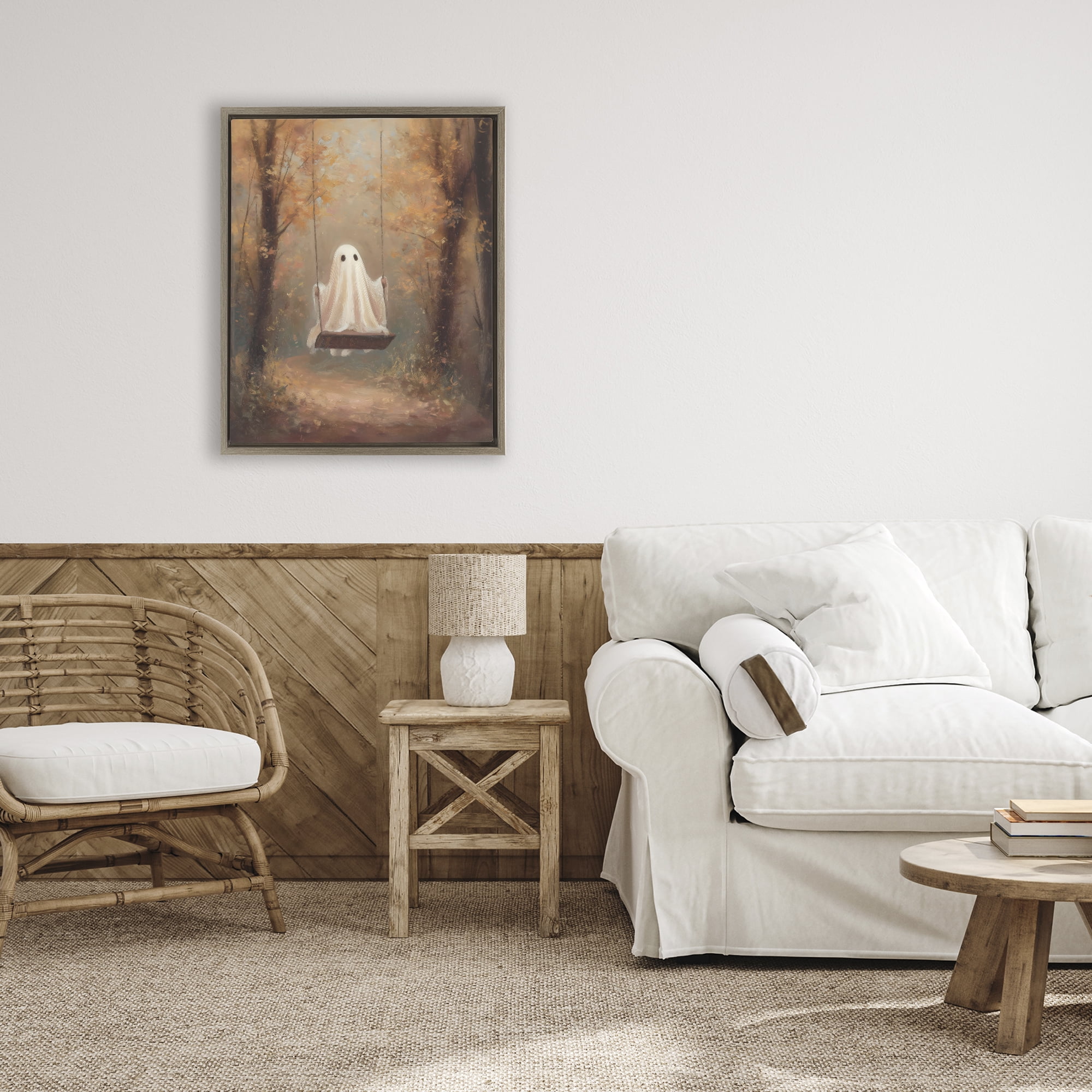 Eerie Swinging Ghost Brown Framed Floater Canvas Wall Art, design by Arlington Prints