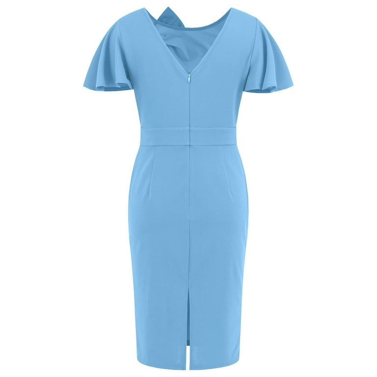 light blue sheath dress with sleeves Sheath Square Neck Satin Sky Blue Homecoming Dress Short Party Dress main image 1