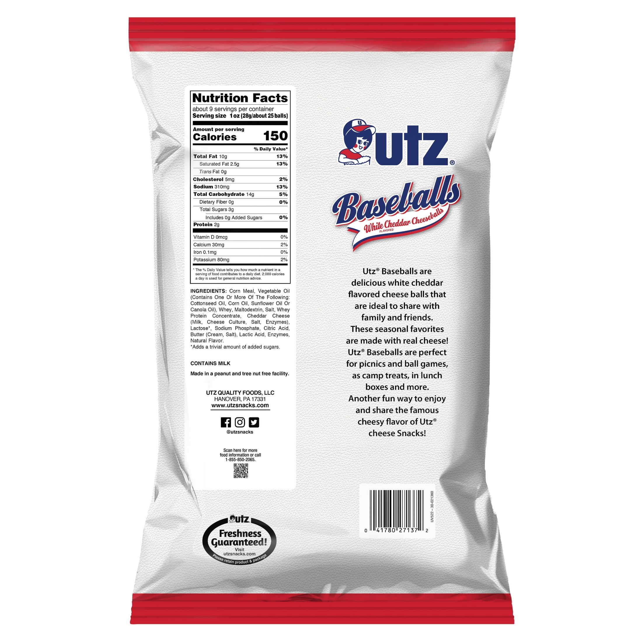 Utz White Cheddar Baseballs, 8.5 oz Bag