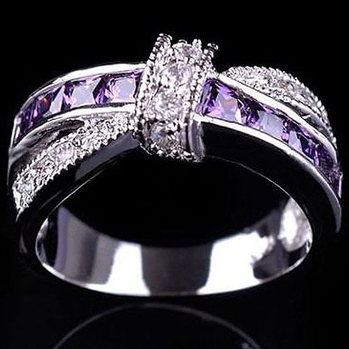 Size 8 Purple Amethyst CZ Wedding Ring Black Rhodium Filled Women's Jewelry