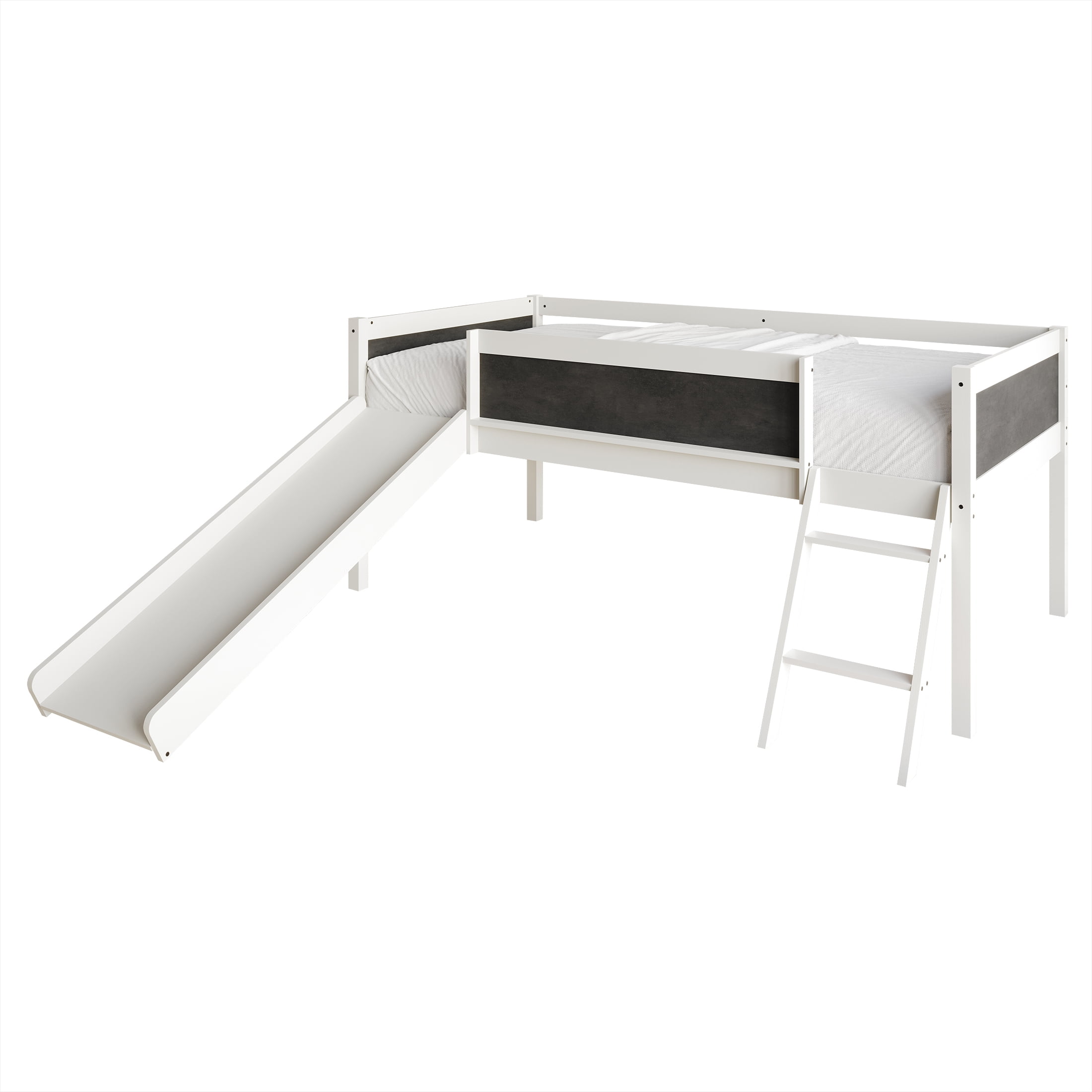 Castle Place Wooden Twin Junior Loft Bed with Chalkboard and Slide, White