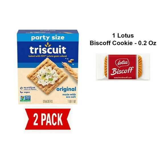 Triscuit Original Whole Grain Wheat Crackers, Vegan Crackers, Healthy Snacks, Lunch Snacks, Party Size, 17 Oz - Pack Of 2 & Lotus Biscoff Cookie - 0.2 Oz - 1 ct