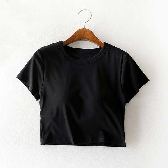 qelini T-shirts for Women with Round Neck School Season Solid Color Short Sleeved Exposed Navel Chest Pad Integrated Loose Casual Daily Wearing Basic Tops Juniors Summer Comfortable 1Pack Black L