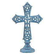 Stonebriar Collection 12" Worn Blue Jem Turquoise Cast Iron FAITH Cross Pedestal