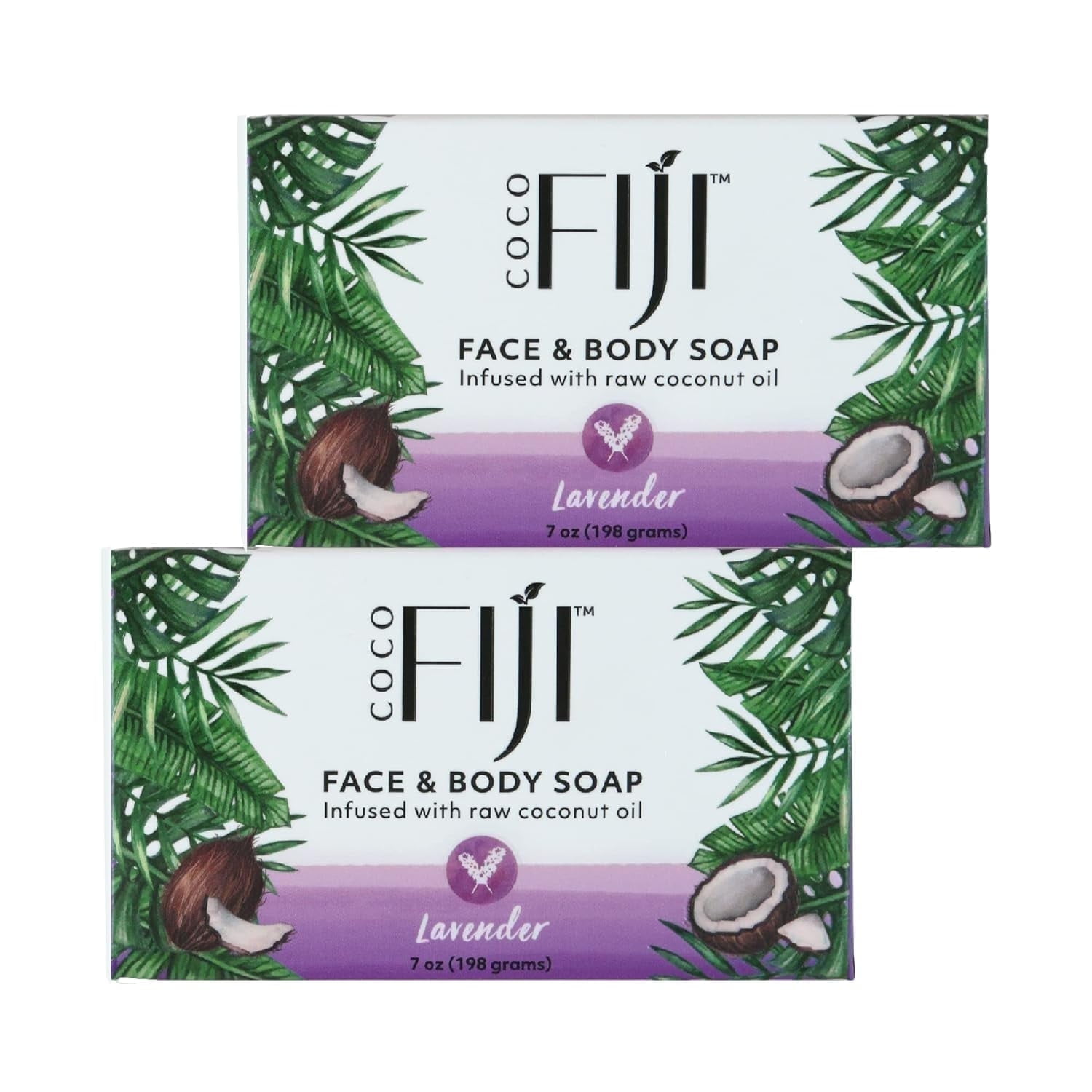 Coco Fiji Soap Bar for Face and Body Infused With Organic Coconut Oil, Lavender Essential Oil, Natural Soap for Moisturizing & Pore Purifying Skin, 7 oz, Pack Of 2