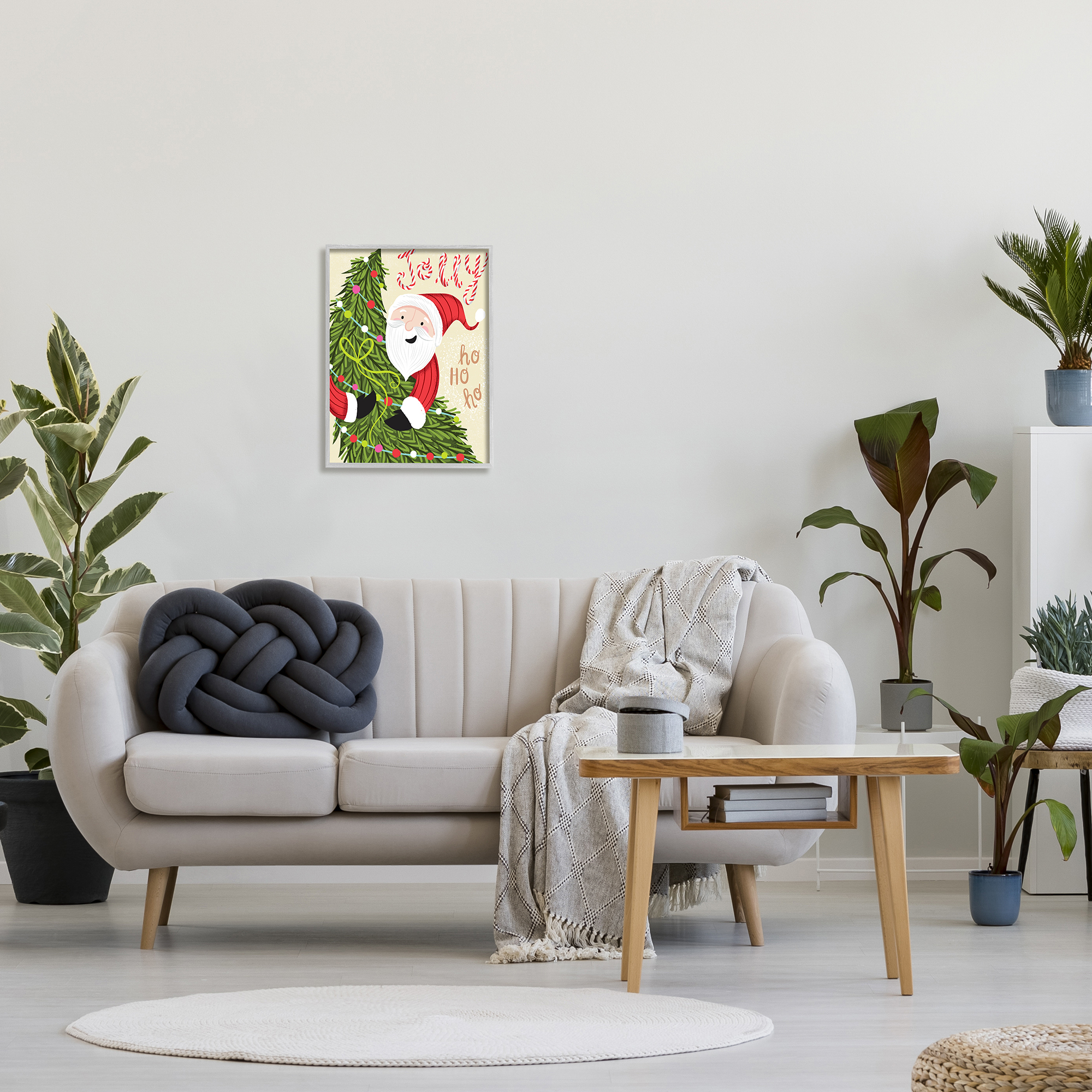Stupell Industries Festive Jolly Santa Claus Playful Christmas Tree Coastal Painting Gray Framed Art Print Wall Art, 16 x 20, Design by Arrolynn Weiderhold