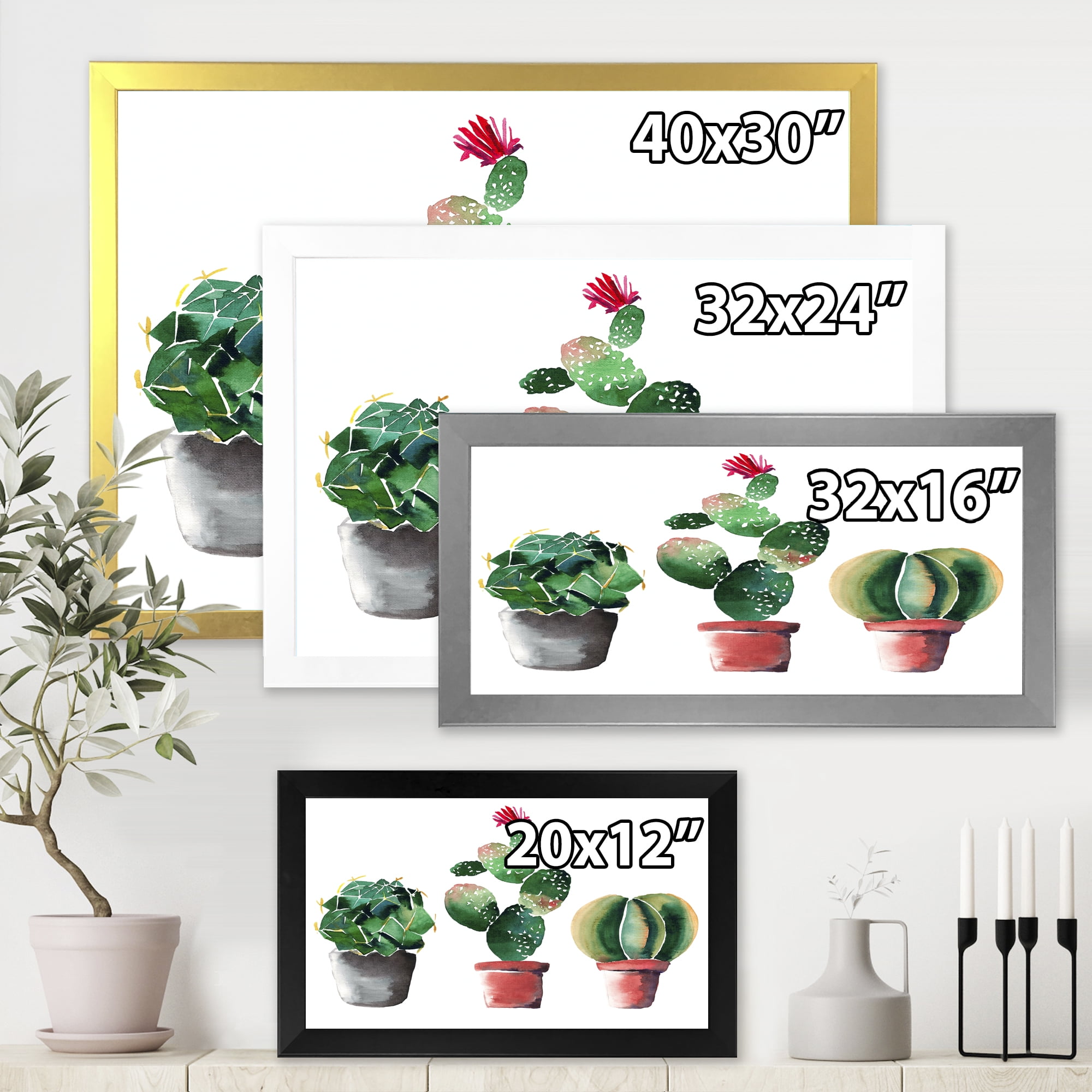 Designart 'Three Cacti In Clay Pots On White' Traditional Framed Art Print