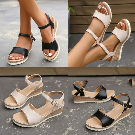 

Cethrio Women s Platform Footbed Sandals- Open Toe Platform Wedge Buckle Buckle Wide Width on Clearance Black Dressy Sandals/ Slides Size 6
