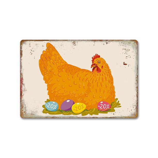 Pintura en hojalata retro de gallos y gallinas, fondo de granja, mural decorativo sin marco para pared