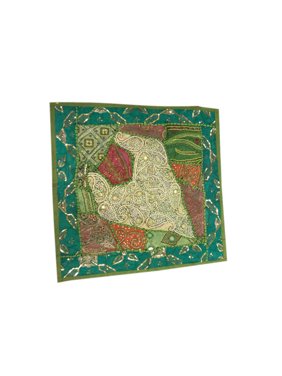 Mogul Ethnic Embroidered Pillow Shams Green Patchwork Zari Sequin Cushion Covers