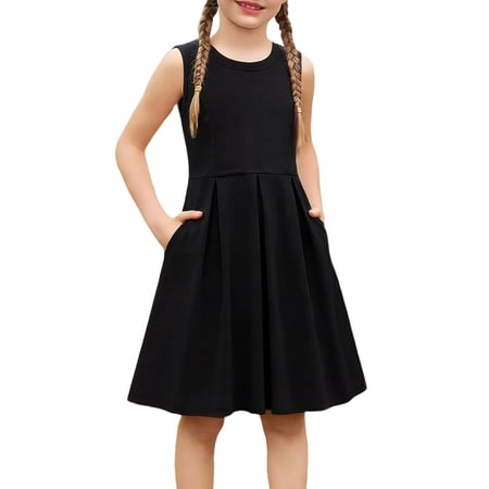 Glisme Fashion Girls Dresses Size 10-11 Y Casual Sleeveless Dress With Pockets Playful And Comfortable Summer Outfit For Toddlers And Kids Black Sundress For Girl