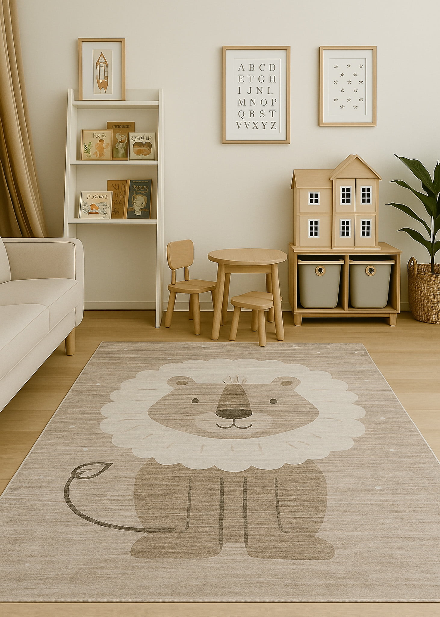 Rug Branch Soft Steps Playtime Lion, Cartoon Animals Soft Area Rug, Neutral Beige Grey - Boys & Girls in Playroom, Nursery, Bedroom