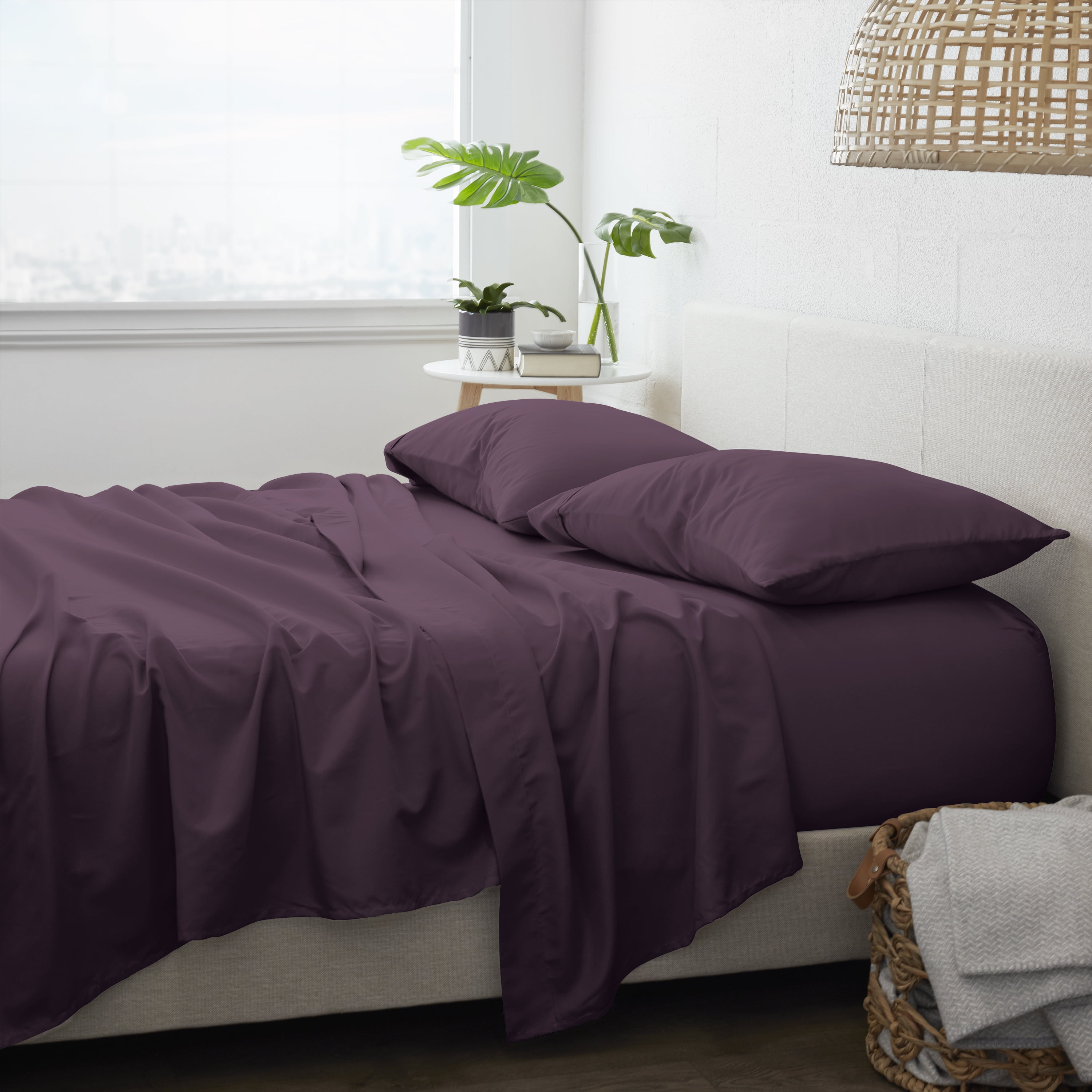 Noble Linens 4 Piece Solid Microfiber Bed Sheet Set, Purple, Twin