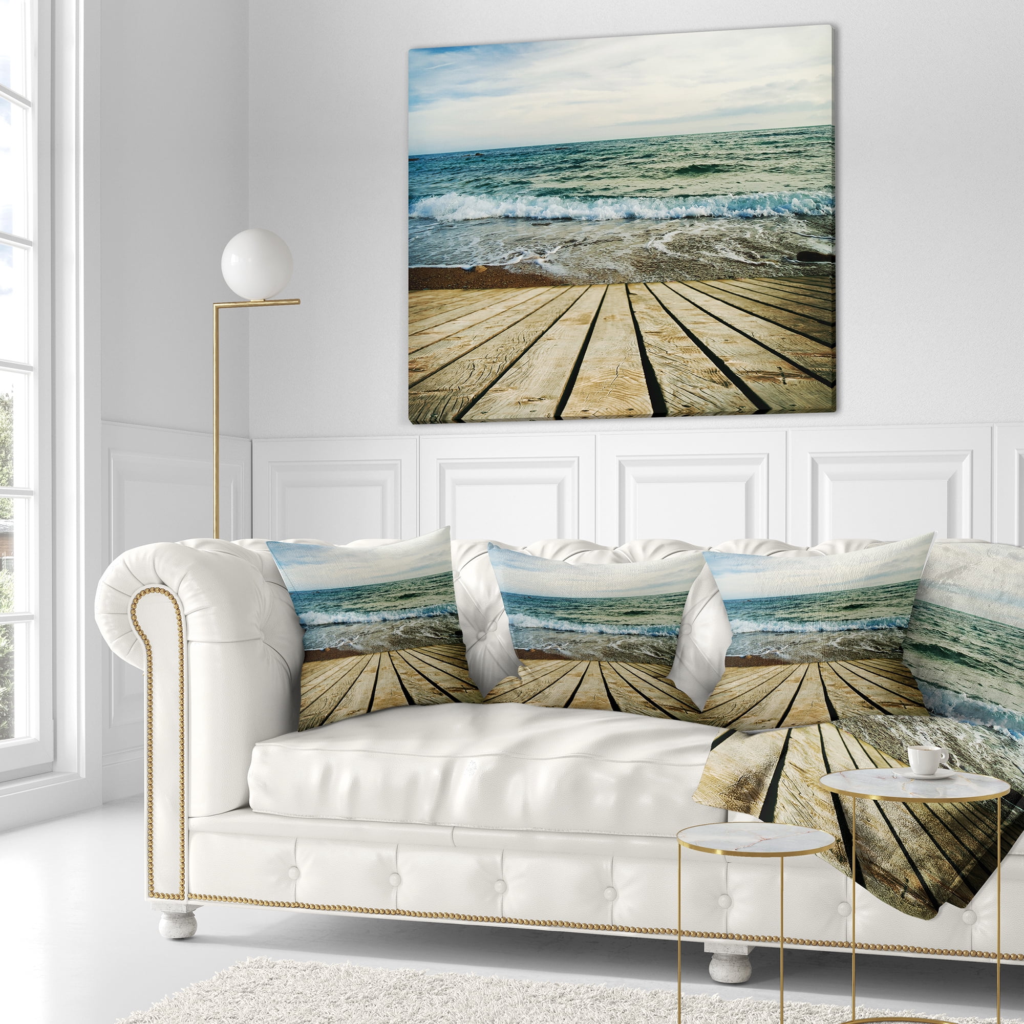 Designart Wooden Pier in Waving Sea - Seascape Throw Pillow - 18x18