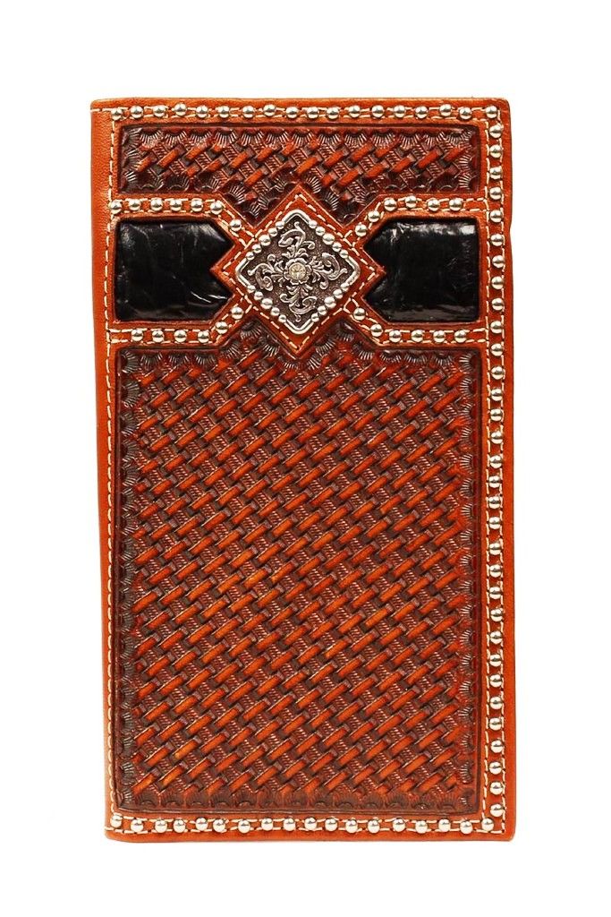 ARIAT Western Wallet For Men - Medium Brown Leather With Rodeo Cross Filigree Design, Cash Pocket & Card Slots