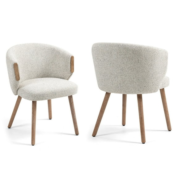 Set of 2 Bernice Beige Washed Boucle Fabric Dining Chair with Natural Wood Arms and Legs