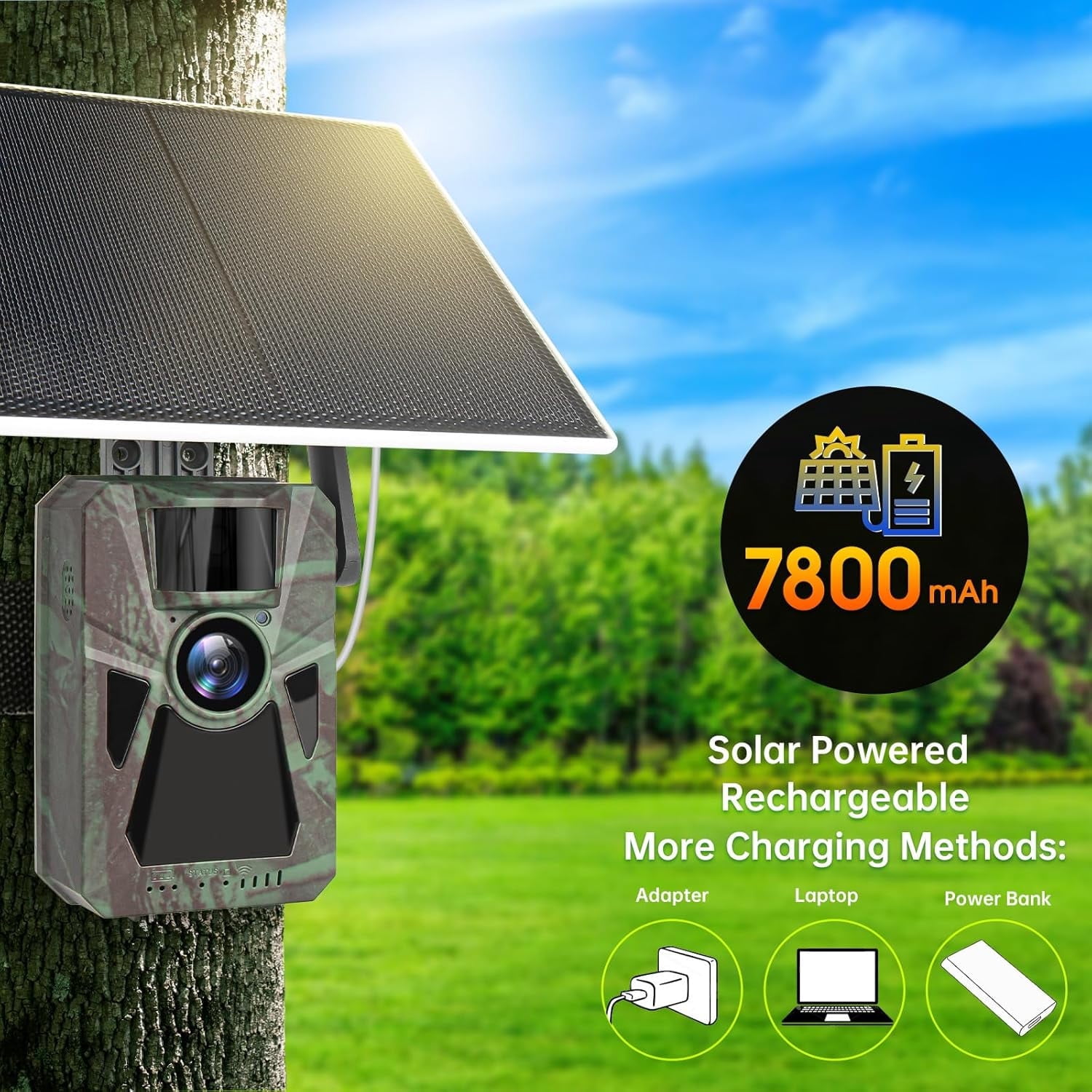 Solar 4G Cellular Trail Camera – 2.7K Ultra HD,Built-in 7500mAh Battery, Auto Nationwide Connection, Night Vision, Hunting Game Cam for Wildlife, Security & Surveillance