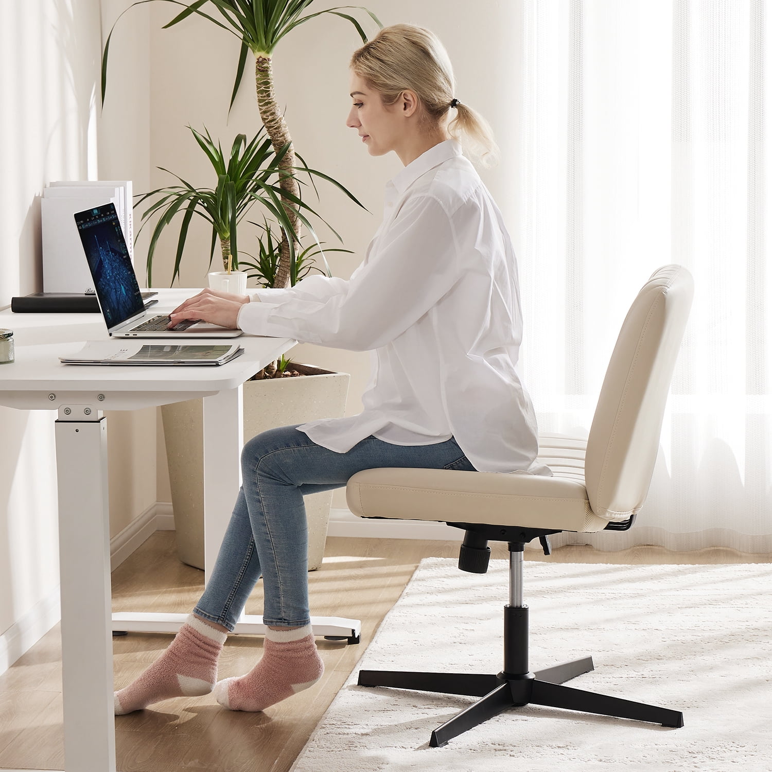 Office Chair Armless Criss Cross Legged Chair No Wheels, Comfy Home Office Desk Chairs, Adjustable Swivel Padded Fabric Vanity Task Computer Chair