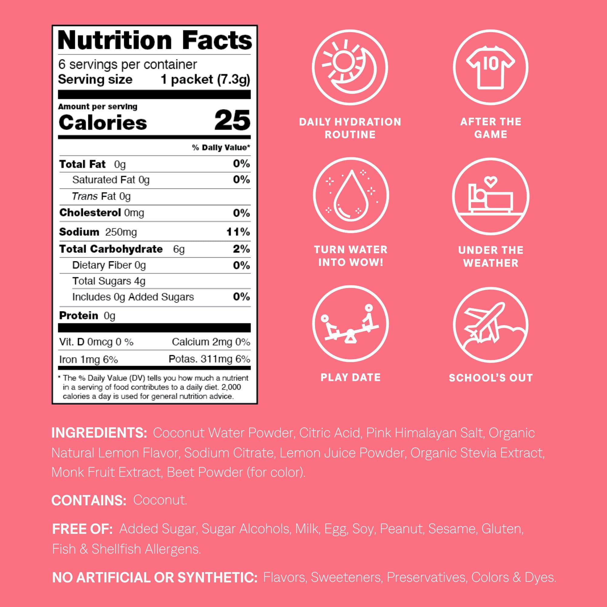 Cure Hydration Kids Flavored Coconut Water Electrolyte Drink Mix, 6 Count, Pink Lemonade, FSA and HSA eligible