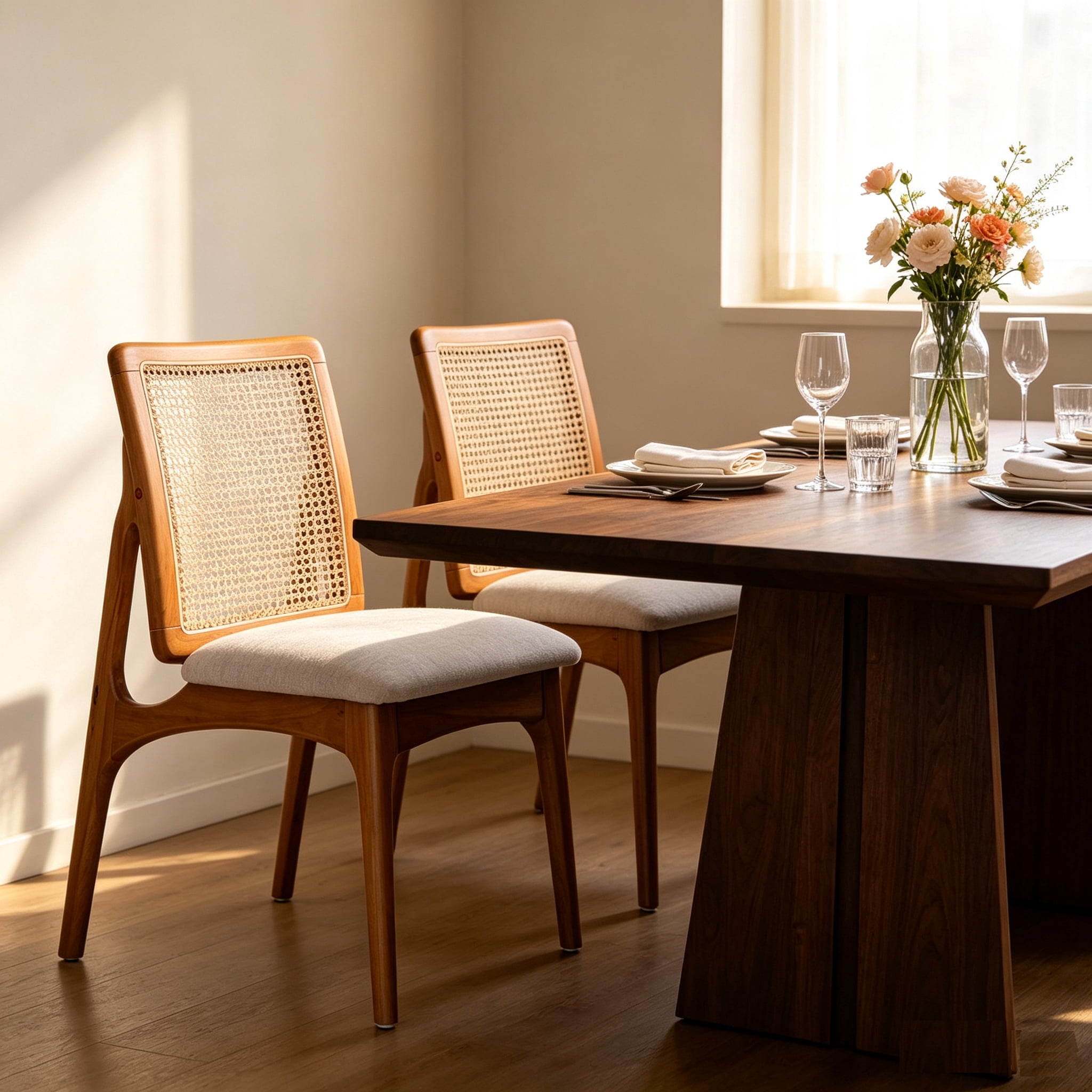 Garitin Dining Chair Set of 2 and Rattan Back Side Chairs, Wooden Frame Seating with Fabric Cushion for Kitchen and Dining Room, Natural