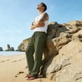 thumbnail image 6 of Hurxie Men's Linen Pants Lightweight Drawstring Elastic Waist Pockets Loose Fit Straight Legs Summer Beach Yoga Army Green,S, 6 of 7